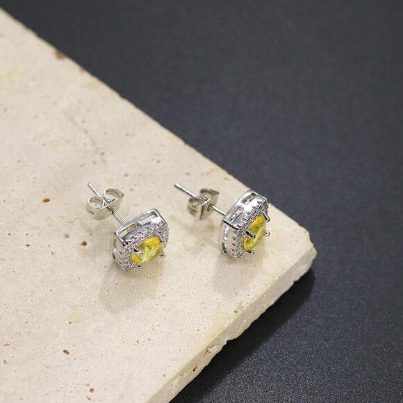 Women's Yellow Square Simulated Dainty Diamond Halo Sparkling Stud Earring - Picture 8 of 9